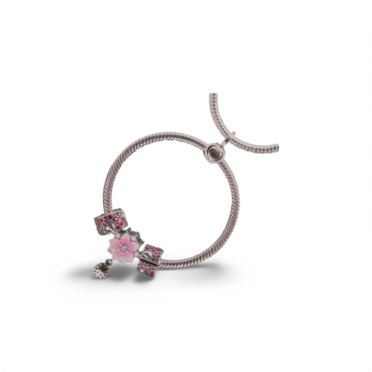 Blossom of Love – Sterling Silver O Charm Pendant with Sparkling Red CZ and Charming Pink Flower Bead Charm