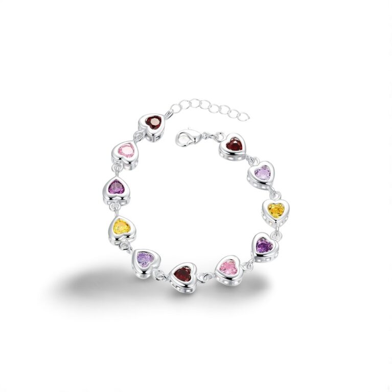 Sterling Silver Heart Bracelet With Multi Color Cubic Zirconia Stones