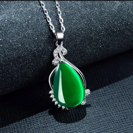 Majestic Pear Chalcedony Jade and Cubic Zirconia Elegance Sterling Silver Pendant