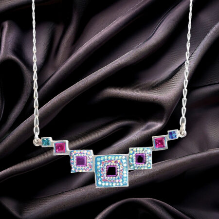 Multi-Synthetic Gemstone Sterling Silver Necklace with various Graduated Sizes of Square Blocks 925ijewel.com