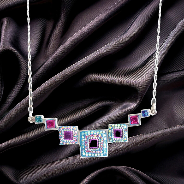 Multi-Synthetic Gemstone Sterling Silver Necklace with various Graduated Sizes of Square Blocks 925ijewel.com