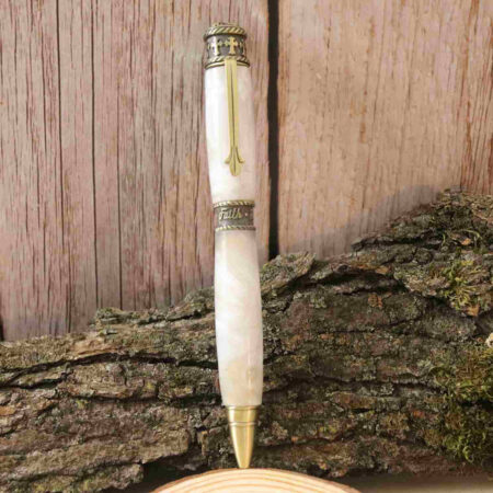 Handcrafted Acrylic Opal White Twist Pen- Faith With Antique Pewter Finish