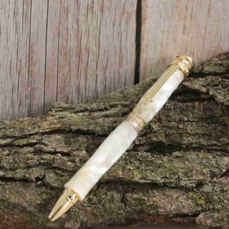 Handcrafted Acrylic Opal White Twist Pen- Faith With Gold Finish