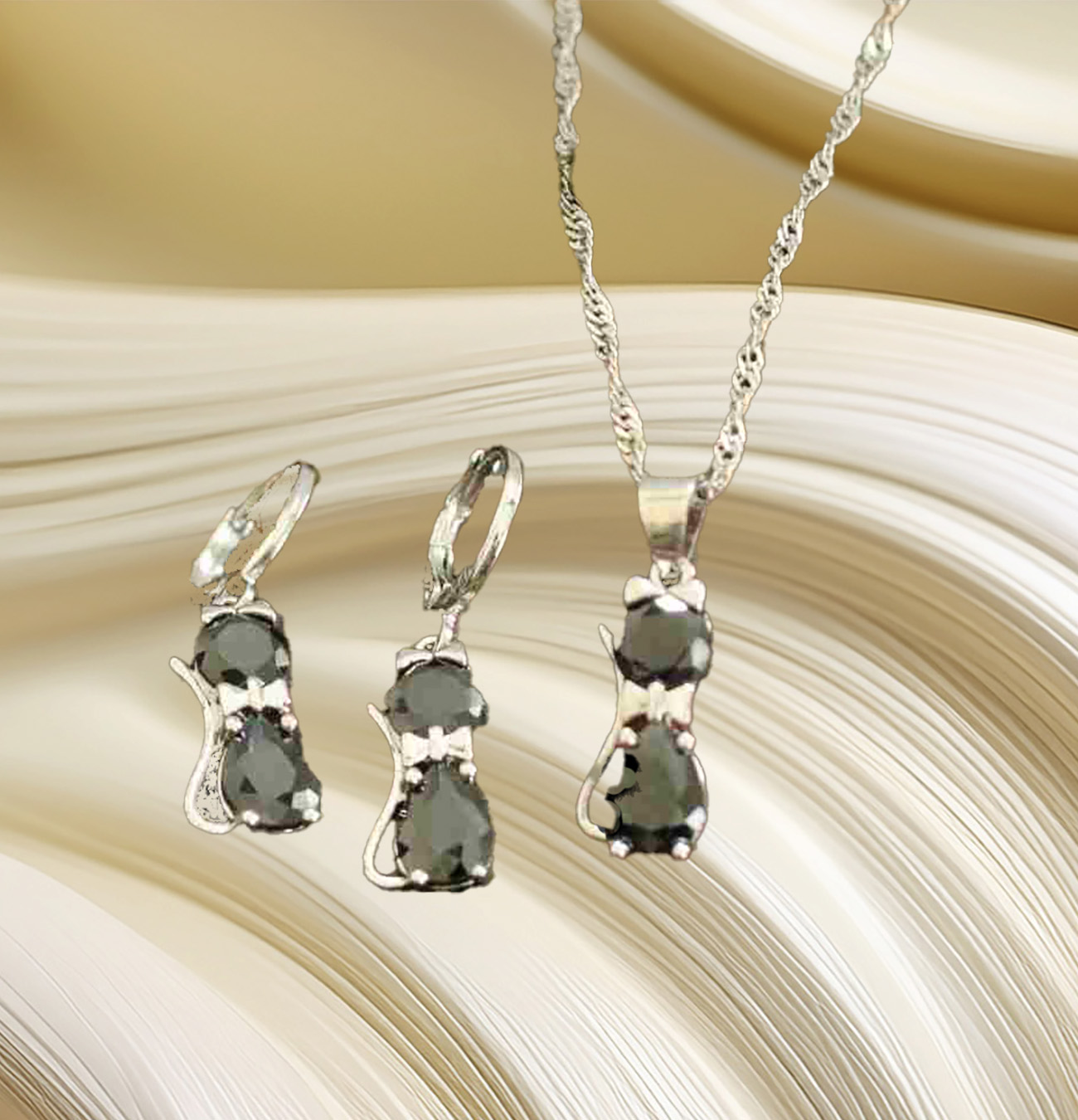 Sterling Silver Kitty Spark Cat Duo Set 925ijewe.com