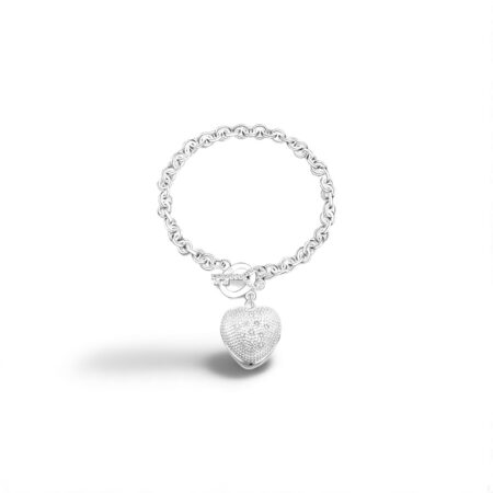 Key to My Heart Sterling Silver Puffed Heart Bracelet with Cut-Out Hearts and Florentine Finish
