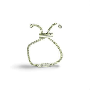 Handcrafted Sterling Silver Platinum Look Bracelet with Sliding Love Charm and Adjustable Cylinder Lock