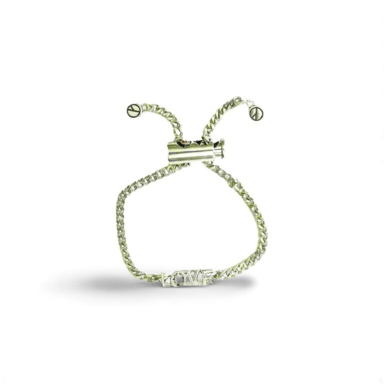 Handcrafted Sterling Silver Platinum Look Bracelet with Sliding Love Charm and Adjustable Cylinder Lock