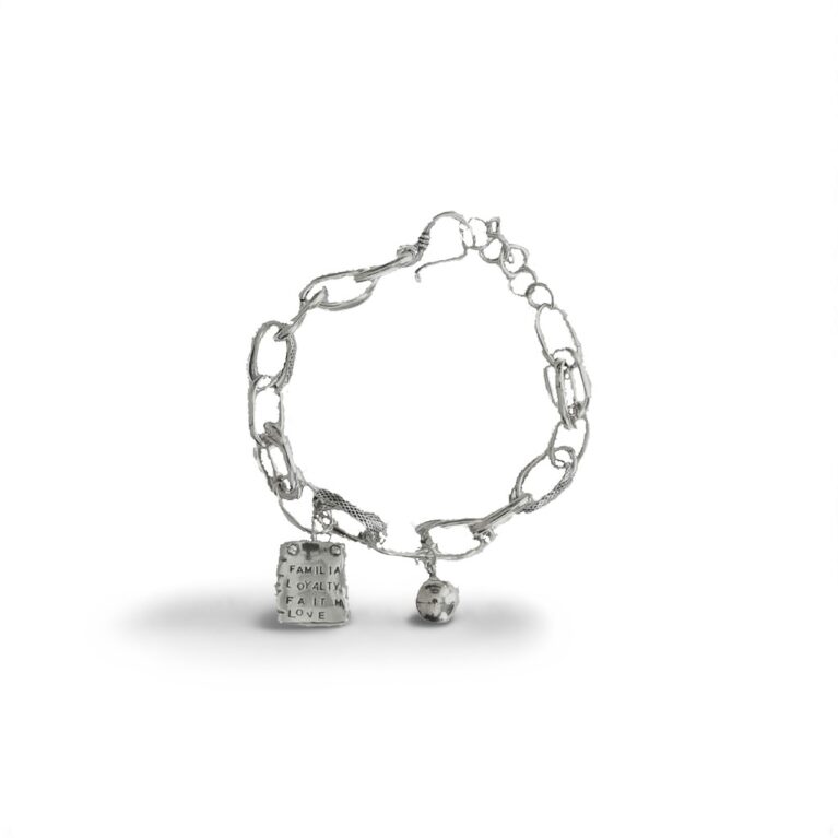 Stunning Sterling Silver Link Platinum Look Bracelet with Familial, Loyalty, Faith & Love Charm