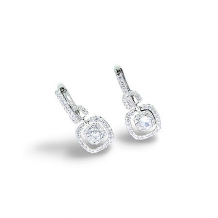 Sterling Silver Cushion Shape Geometric Design Dangle Earrings with Round CZ