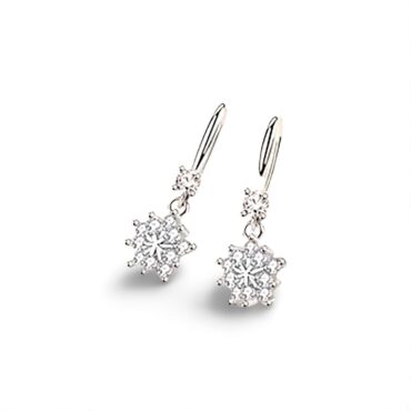 Sterling Silver Geometric Designed Cluster Dangle Round CZ Earrings