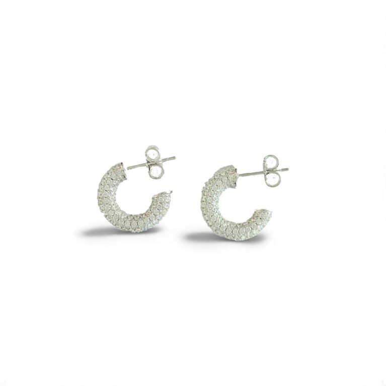 Sterling Silver 15mm Demi Hoop Earrings – Pave CZ Setting Classy & Elegant Sparkling Hoops for Women