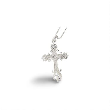 Sterling Silver Filigree Cross Pendant with Sparkling Cubic Zirconia – Elegant Religious Necklace for Women