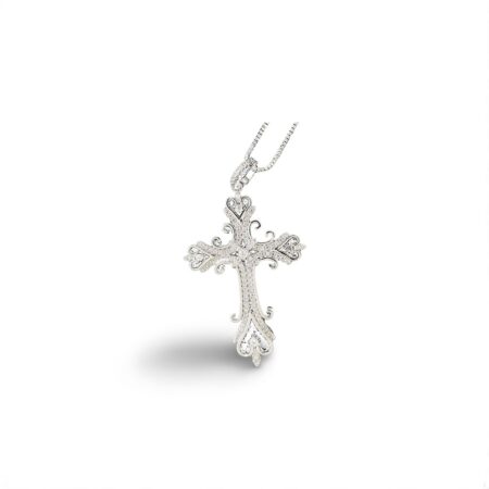 Sterling Silver Filigree Cross Pendant with Sparkling Cubic Zirconia – Elegant Religious Necklace for Women