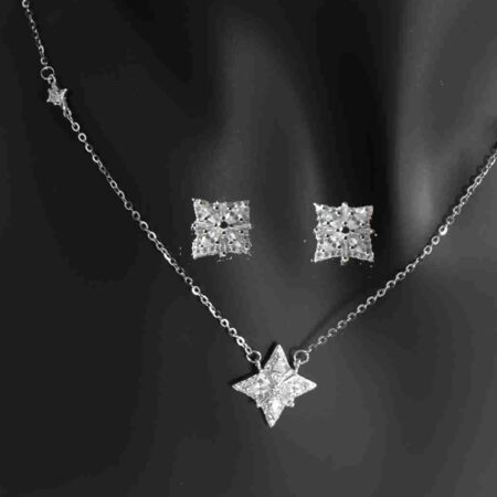 Sterling Silver Square Geometric Designed Round and Baguette CZ Earrings and Pendant Set 925ijewel.com