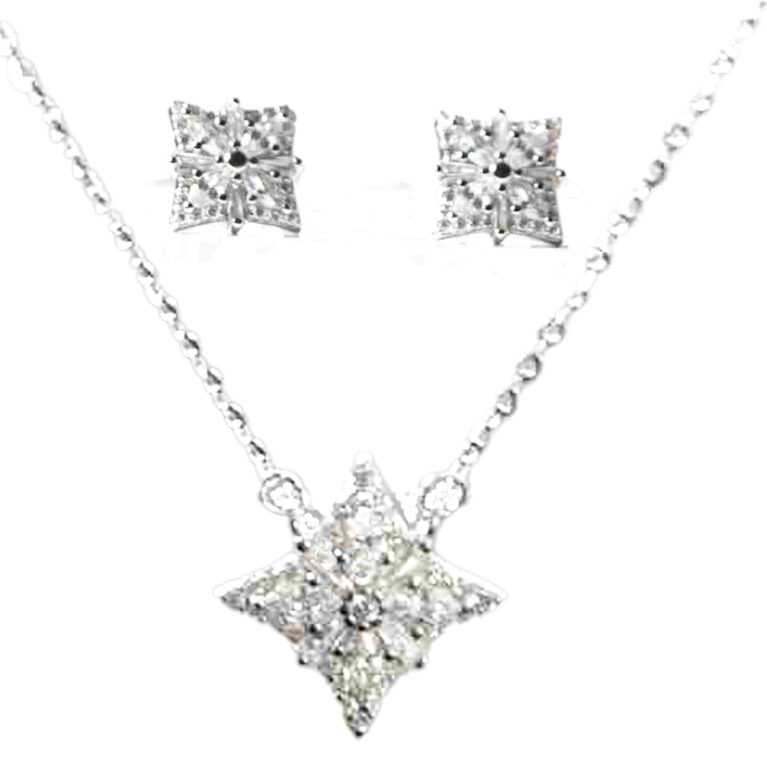 Sterling Silver Square Geometric Designed Round and Baguette CZ Earrings and Pendant Set 925ijewel.com