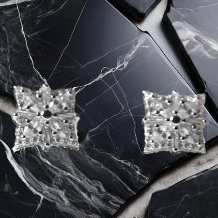 Sterling Silver Square Geometric Designed Round and Baguette CZ Stud Earrings 925ijewel.com