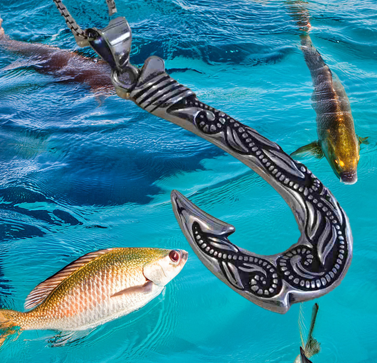 Sterling silver platinum look fishing hook with intricate design. 925ijewel.com