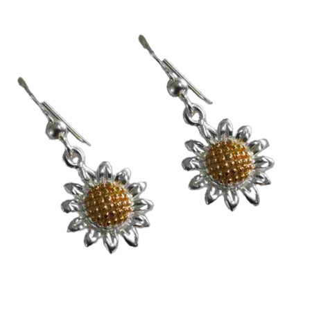 Two-Tone Sterling Silver Sunflower Dangle Earrings – Rose & Silver Floral Drop Jewelry 925ijewel.com
