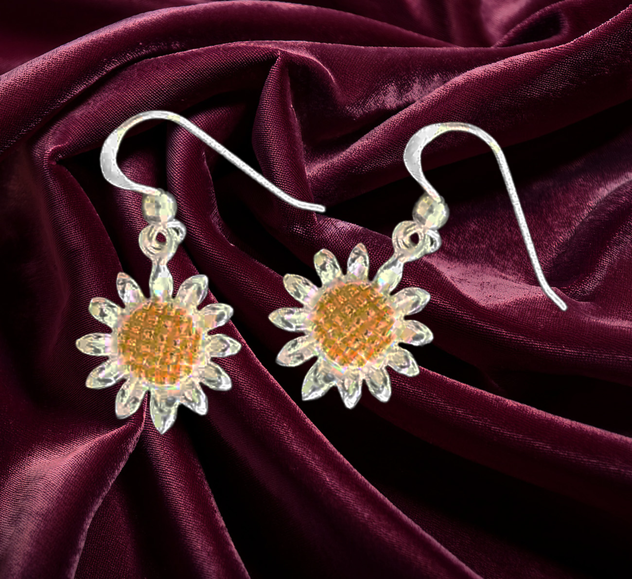 Two-Tone Sterling Silver Sunflower Dangle Earrings – Rose & Silver Floral Drop Jewelry for Women 925ijewel.com