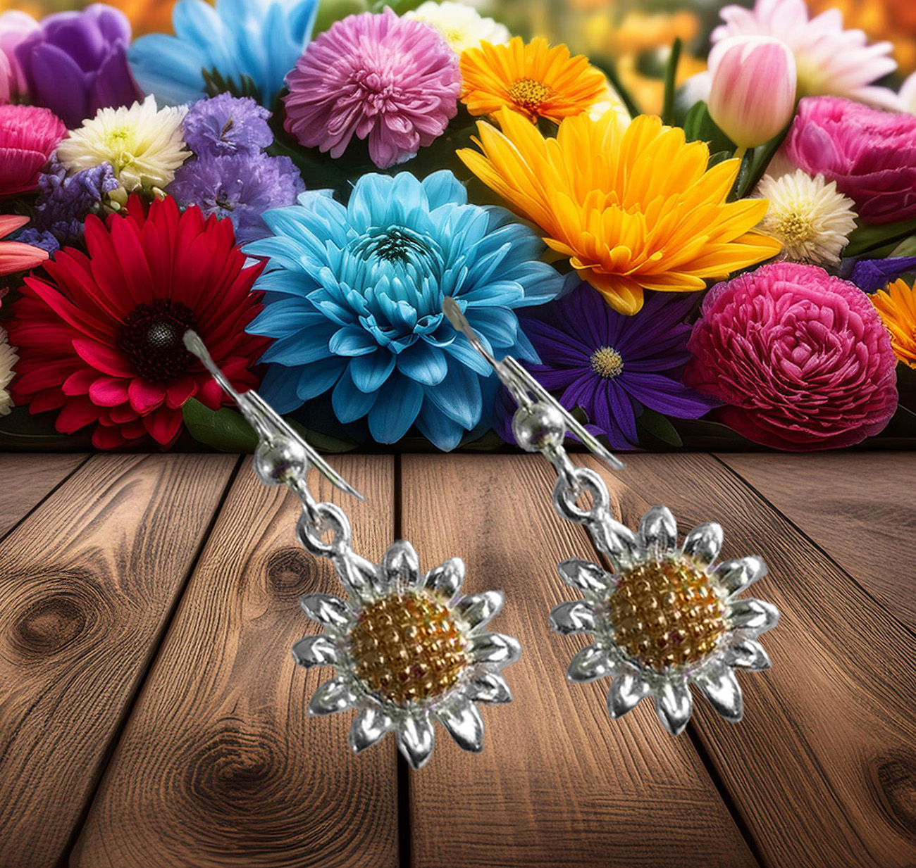Two-Tone Sterling Silver Sunflower Dangle Earrings – Rose & Silver Floral Drop Jewelry for Women 925ijewel.com