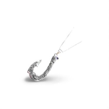 Sterling silver platinum look fishing hook with intricate design on 18" box chain- Hook with the look.
