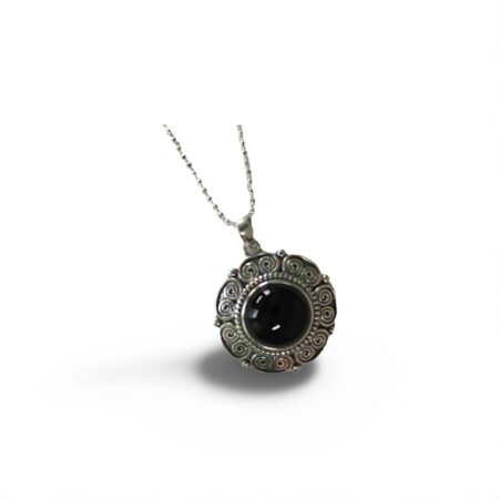 Sterling Silver Round Black Stone Pendant with Geometric Vintage Design and 18" Italian Diamond-Cut Ball Chain – Elegant Statement Necklace for Women