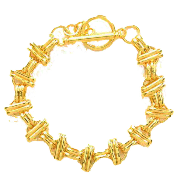 24Kt Gold-Plated Sterling Silver Fancy Double Bar over Spaced Circles Design Bracelet 925ijewel.com