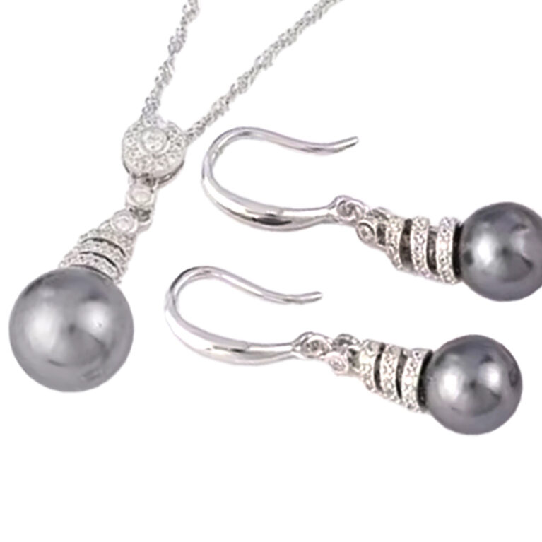 Lustrous Sterling Silver Gray Pearl Shell Bead Pendant & Dangle Earrings Set. 925ijewel.com