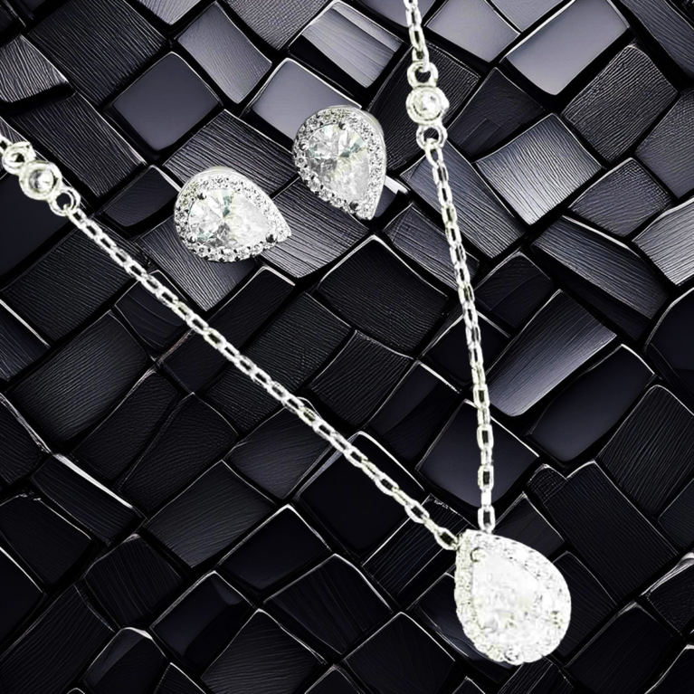 Sterling Silver Pear Shaped CZ with Two Round CZ Adorned on 18" Dainty Link Chain and Pear Shaped Earring Set