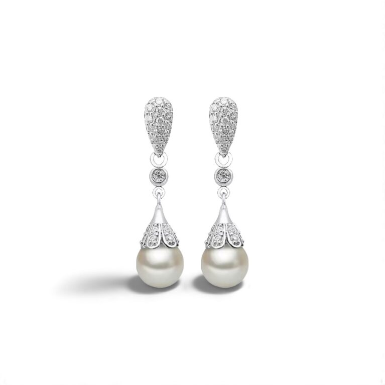 Pure Grace Sterling Silver Freshwater Pearl Dangle Earrings with CZ Sparkle