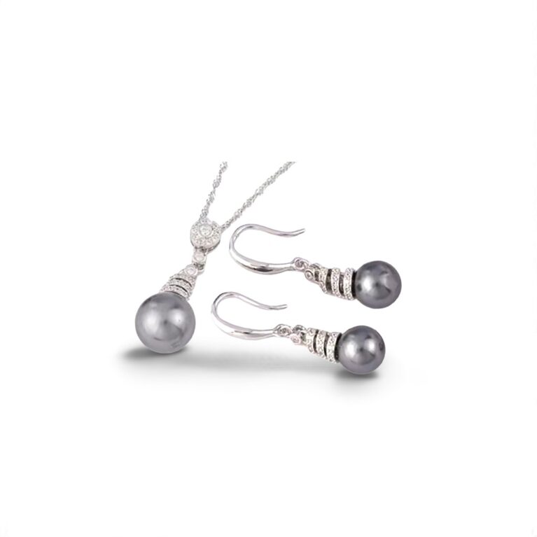 Lustrous Sterling Silver Gray Pearl Shell Bead Pendant and Dangle Earrings Set with Brilliant CZ Accents