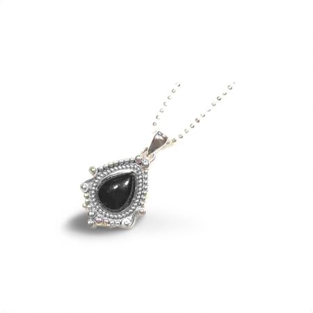 Timeless Sterling Silver Pear-Shaped Black Stone Pendant with Vintage Design on Italian Diamond-Cut Ball Chain