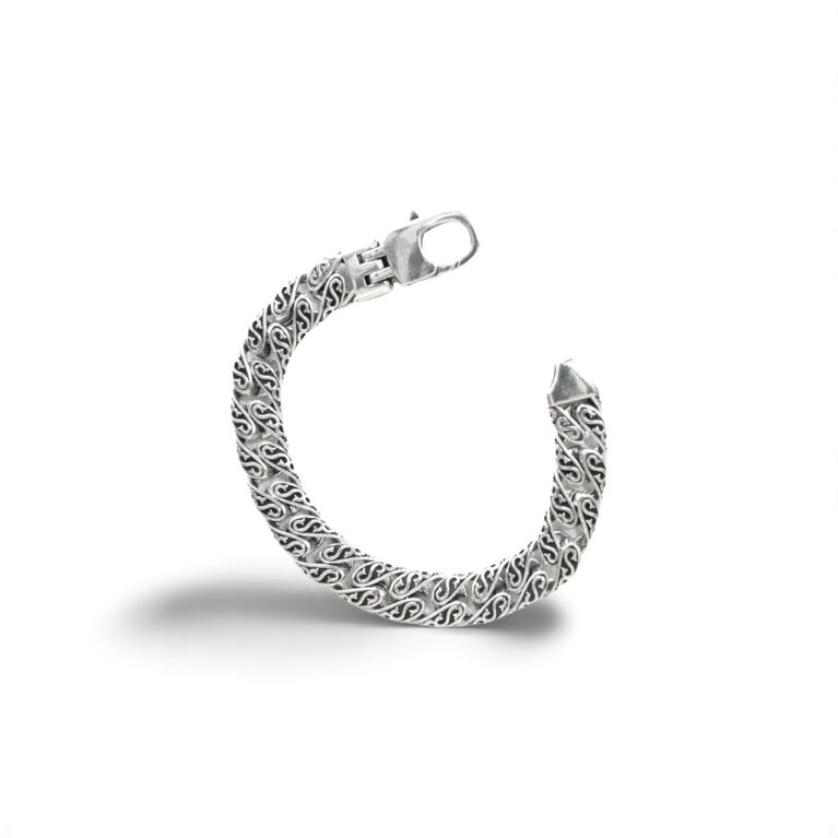 Stainless Steel 11.5mm Flat Link Bracelet with Intricate Detailing and Sterling Silver Plating