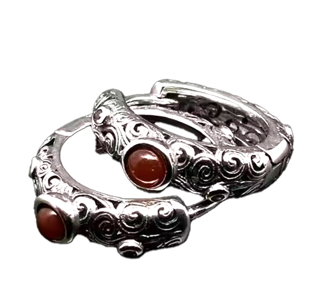 Classy Sterling Silver 15.5mm Hoop Earrings with Intricate Detailing and Bold Red Stone. 925ijewel.com