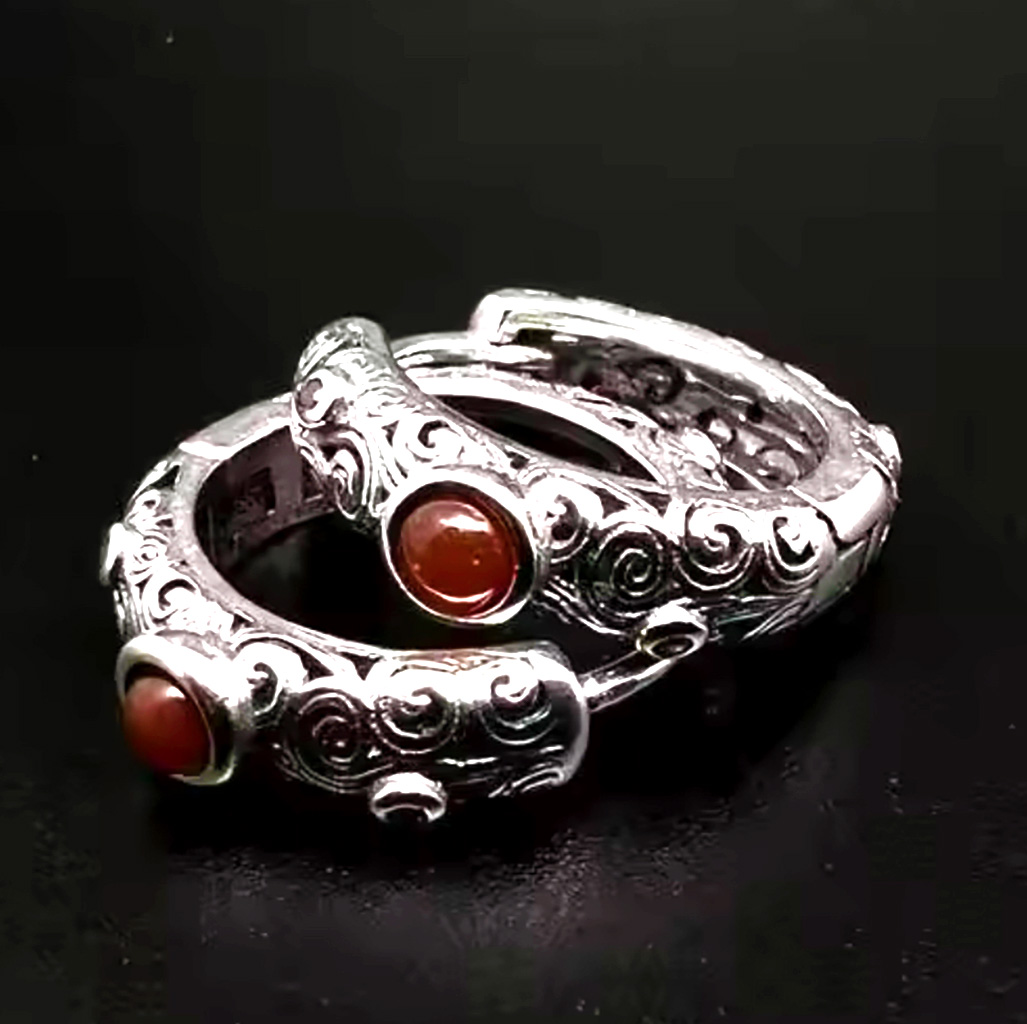 Classy Sterling Silver 15.5mm Hoop Earrings with Intricate Detailing and Bold Red Stone. 925ijewel.com