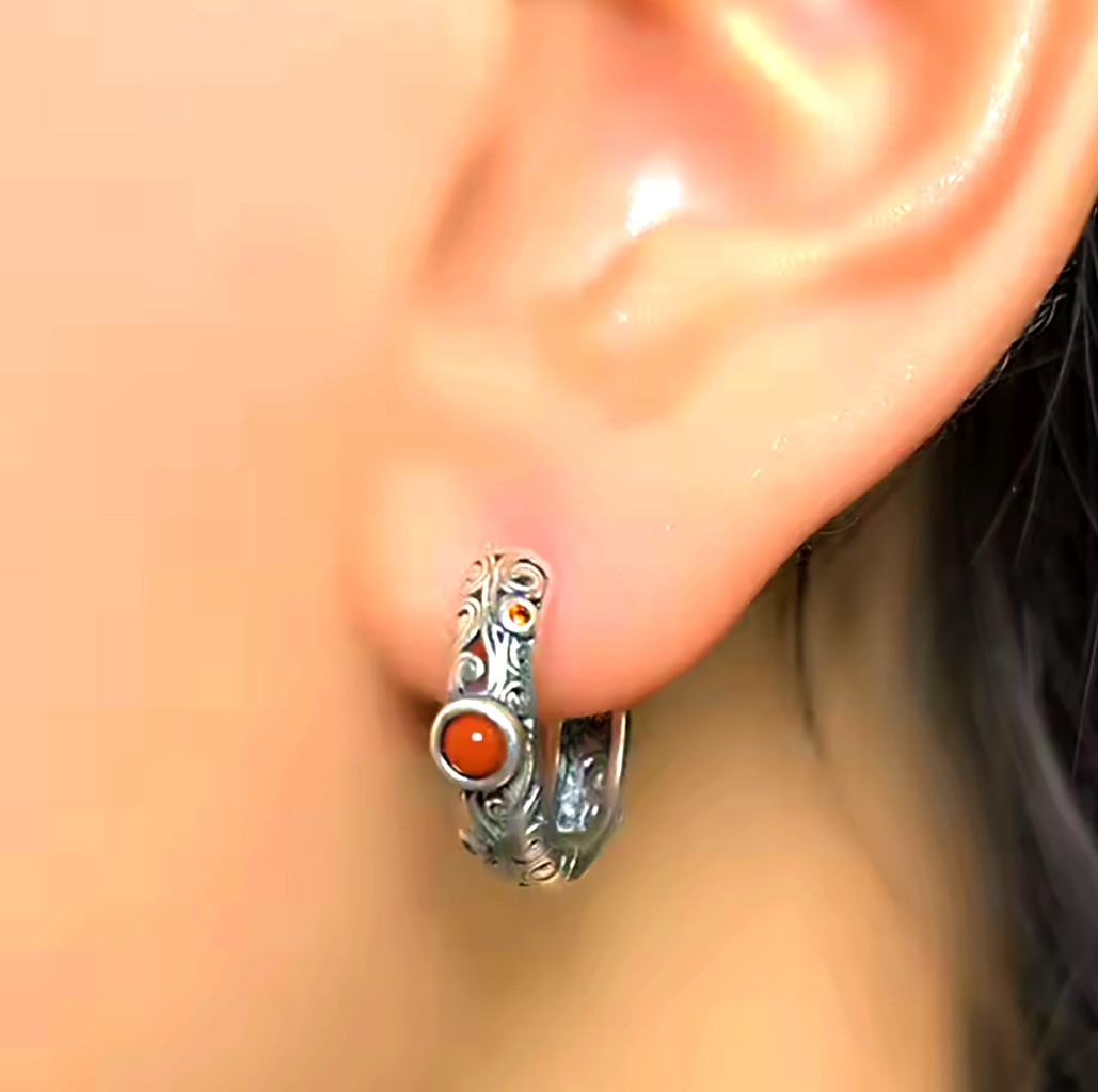 Classy Sterling Silver 15.5mm Hoop Earrings with Intricate Detailing and Bold Red Stone. 925ijewel.com