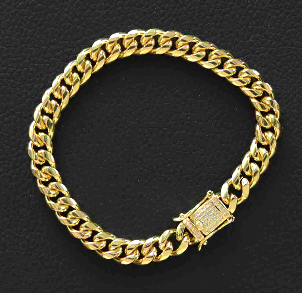 Gold-Plated Stainless Steel 8mm Cuban Link Miami Style Bracelet with CZ Slide Safety Clasp. 925ijewel.com