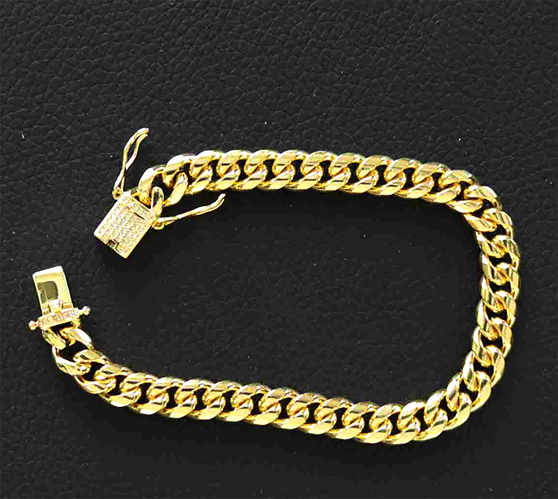 Gold-Plated Stainless Steel 8mm Cuban Link Miami Style Bracelet with CZ Slide Safety Clasp. 925ijewel.com