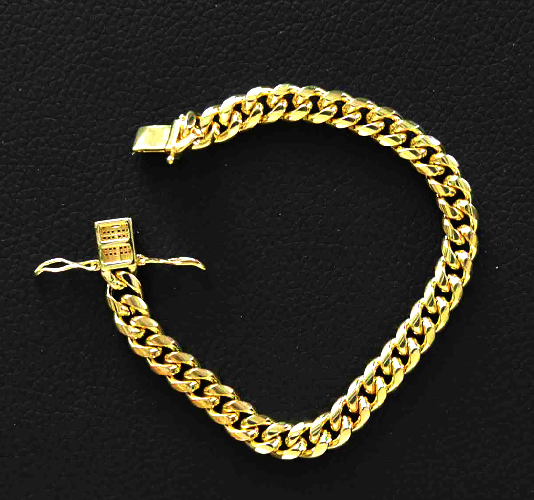 Gold-Plated Stainless Steel 8mm Cuban Link Miami Style Bracelet with CZ Slide Safety Clasp. 925ijewel.com