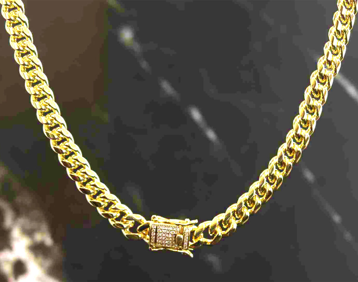 Gold-Plated Stainless Steel 8mm Cuban Link Miami Style Necklace with CZ Slide Safety Clasp. 925ijewel.com