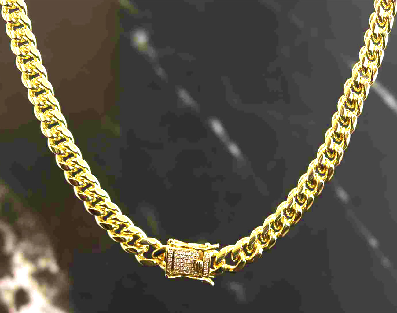 Gold-Plated Stainless Steel 8mm Cuban Link Miami Style Necklace with CZ Slide Safety Clasp. 925ijewel.com