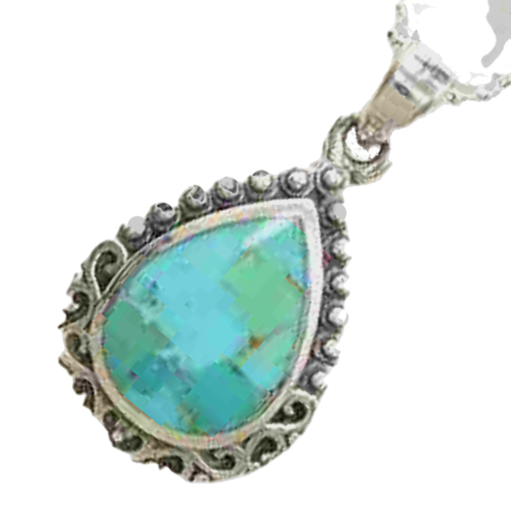 Sophisticated Aqua Blue Pear-Shaped Sterling Silver Vintage Pendant on Diamond-Cut Italian Ball Chain. 925ijewel.com