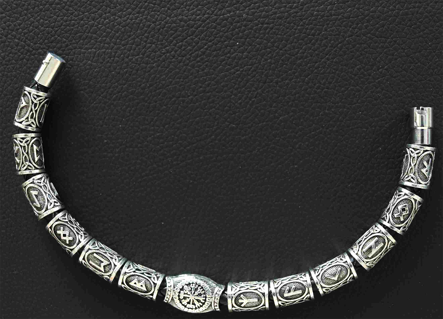 Stainless Steel Men’s Braided Leather Bracelet with 13 Norse Runes. 925ijewel.com