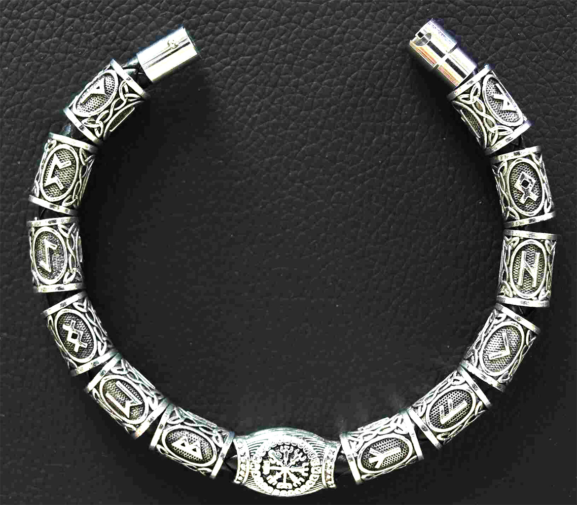 Stainless Steel Men’s Braided Leather Bracelet with 13 Norse Runes. 925ijewel.com