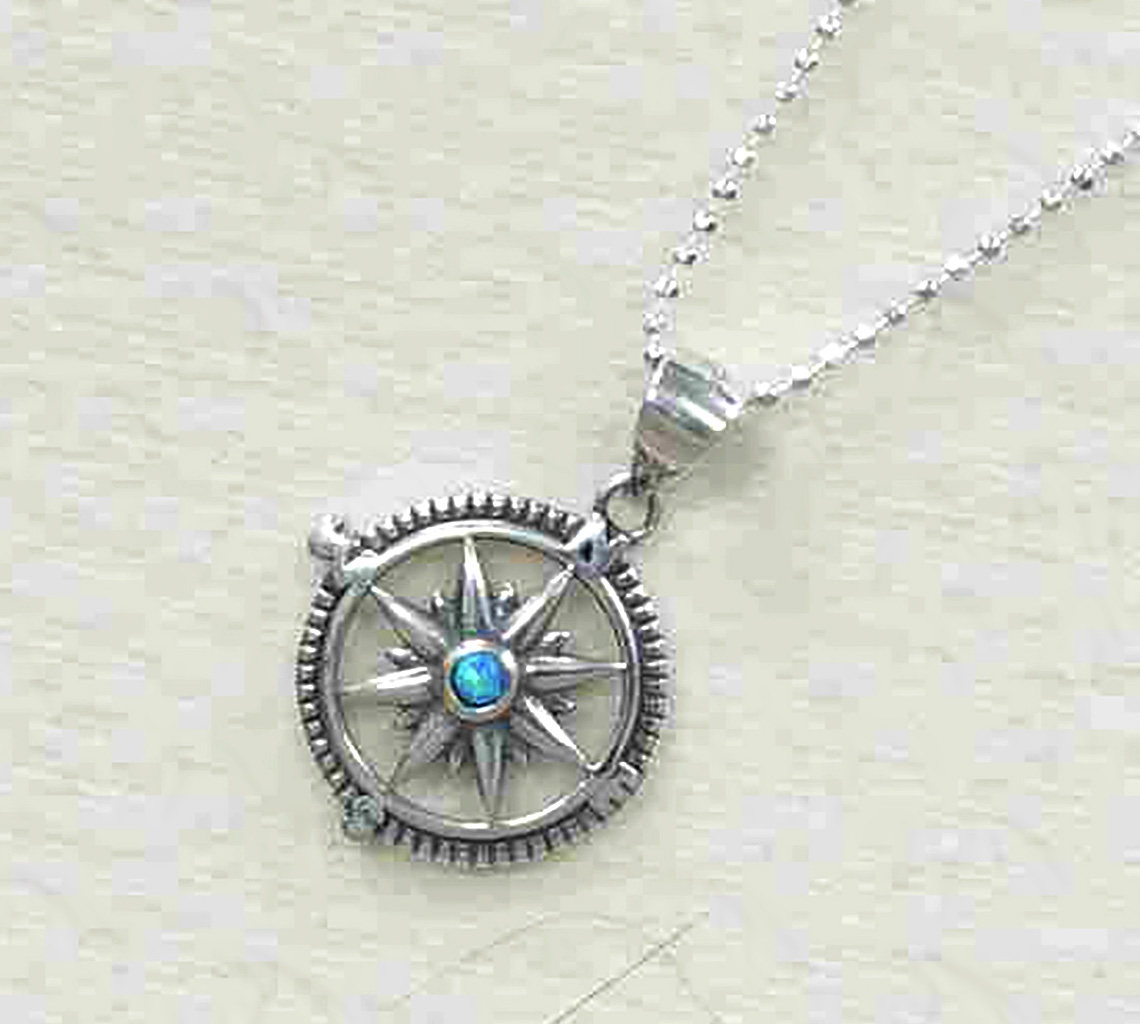 Sterling Silver Compass Pendant with Dazzling Blue Opal on Italian Ball Chain. 925ijewel.com