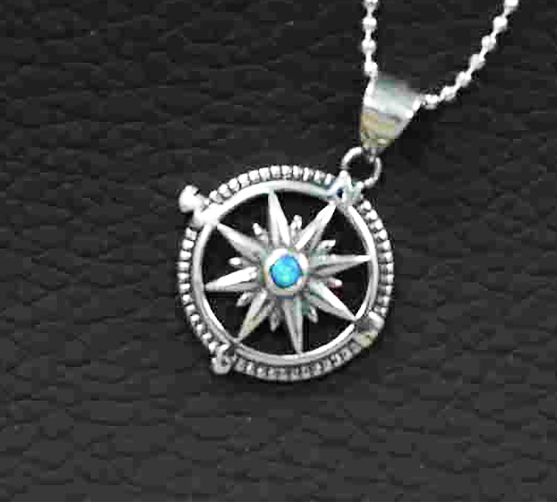 Sterling Silver Compass Pendant with Dazzling Blue Opal on Italian Ball Chain. 925ijewel.com