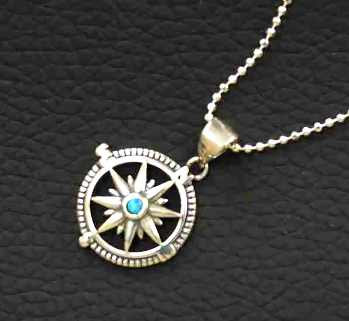 Sterling Silver Compass Pendant with Dazzling Blue Opal on Italian Ball Chain. 925ijewel.com