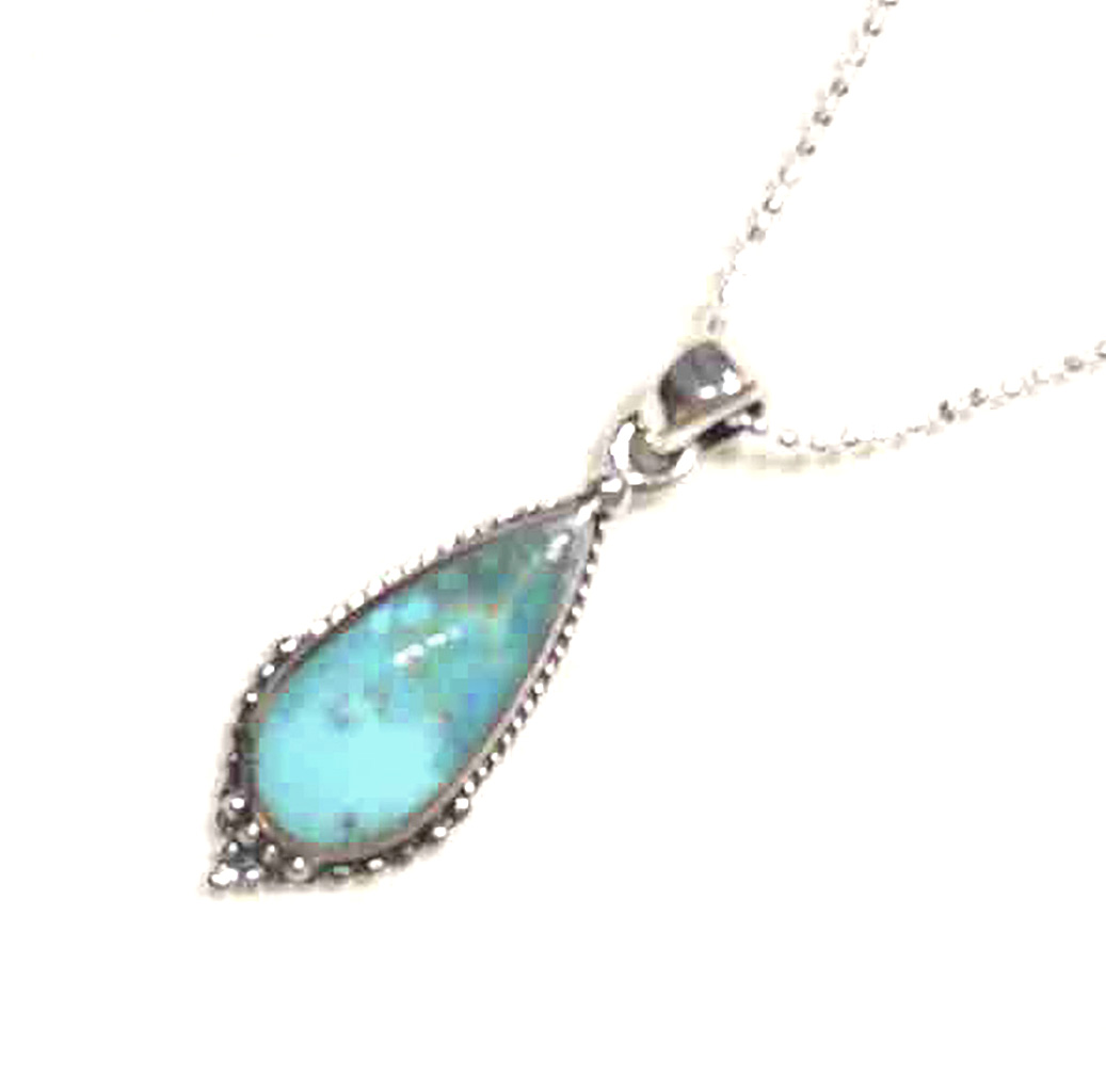 Sterling Silver Pear-Shaped Aqua Blue Stone Pendant with Vintage Design on Italian Diamond-Cut Ball Chain. 925ijewel.com