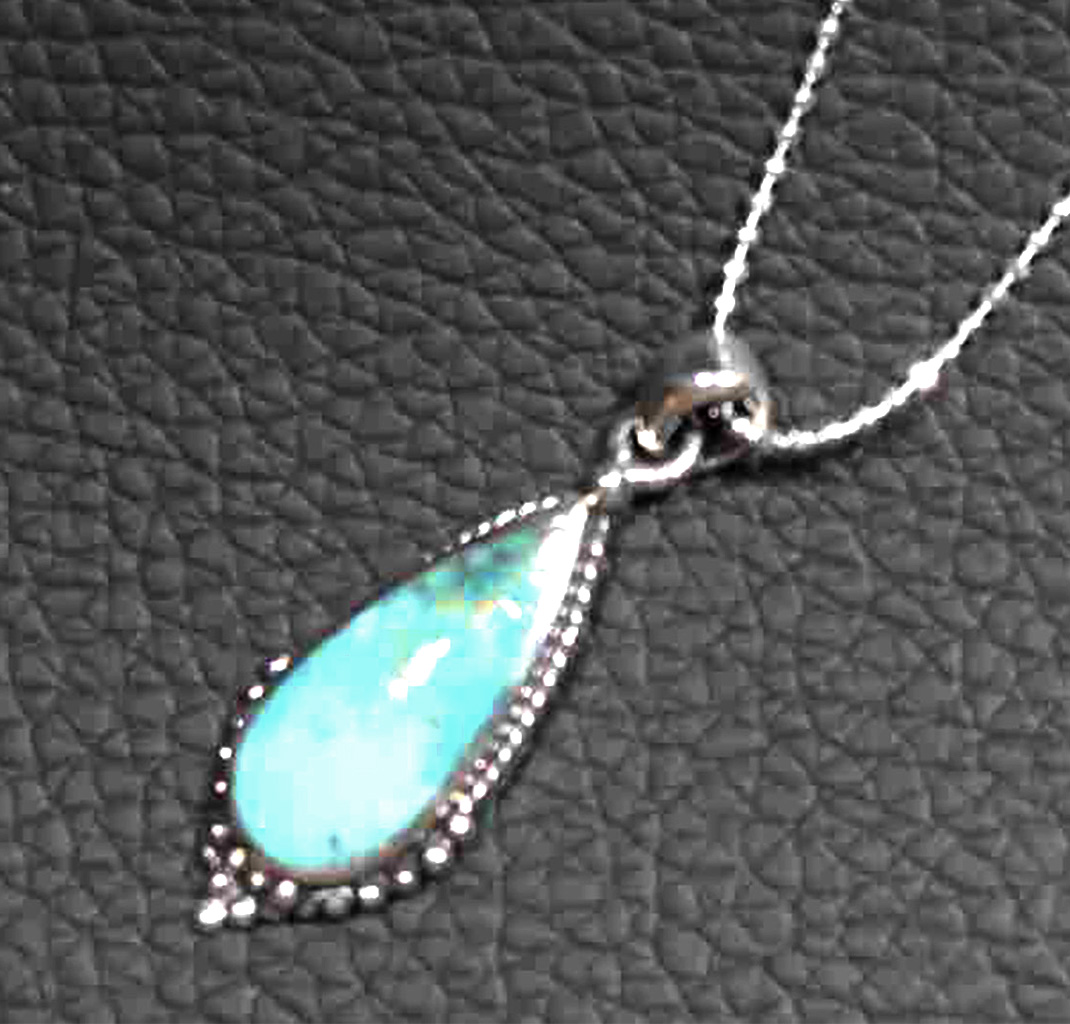 Sterling Silver Pear-Shaped Aqua Blue Stone Pendant with Vintage Design on Italian Diamond-Cut Ball Chain. 925ijewel.com