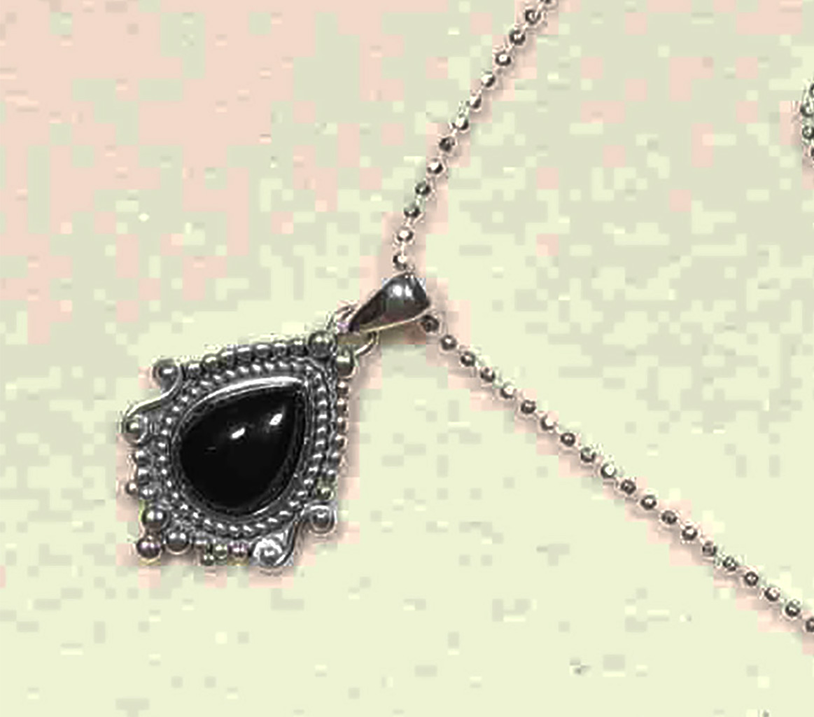 Timeless Sterling Silver Pear-Shaped Black Stone Pendant with Vintage Design on Italian Diamond-Cut Ball Chain. 925ijewel.com